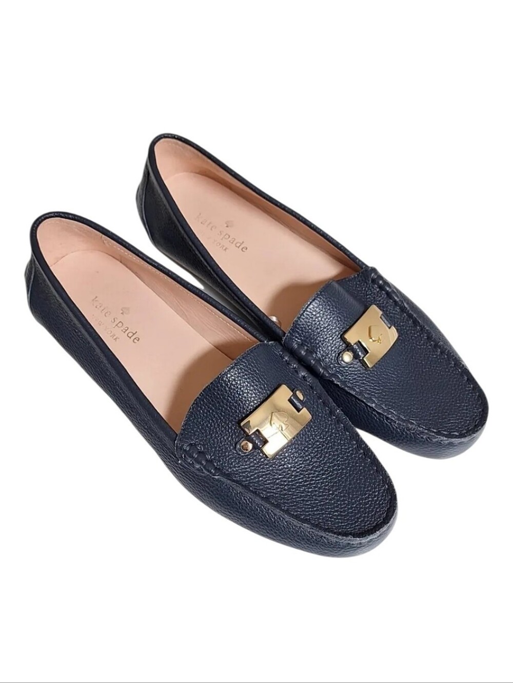 NEW Kate Spade Carmen Driving Loafer with Gold Logo in Pebbled Navy Blue Size 6